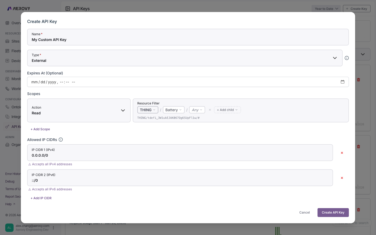The Create API Key dialog