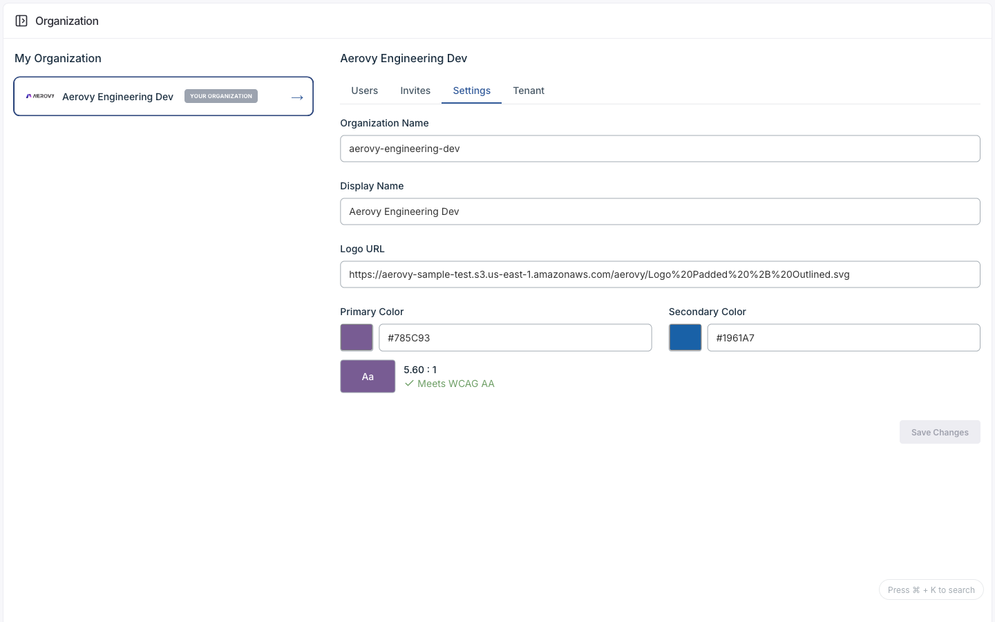 The Organization Settings tab
